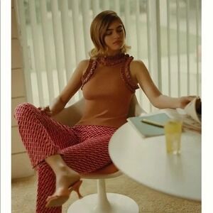 Porridge Ruffle Trim Ribbed Tank Top Rust Tan Cotton Stretch Knit Blouse Top L